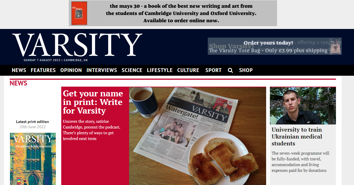Varsity student newspaper in Cambridge University